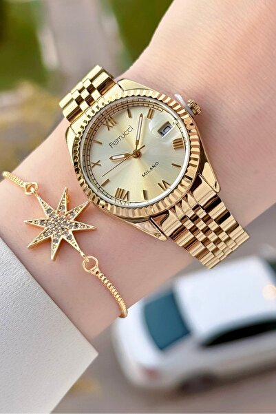 Ferrucci Gold Renk Takvimli 35 Mm Kadın Kol Saati ve Bileklik