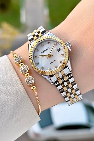 Ferrucci Gold Gümüş Renk Takvimli 25 Mm Kadın Kol Saati ve Bileklik