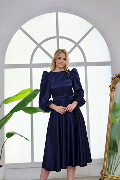 ASLIHANGÜNER Women's Navy Blue Balloon Sleeve Boat Neck Satin Midi Iris Dress