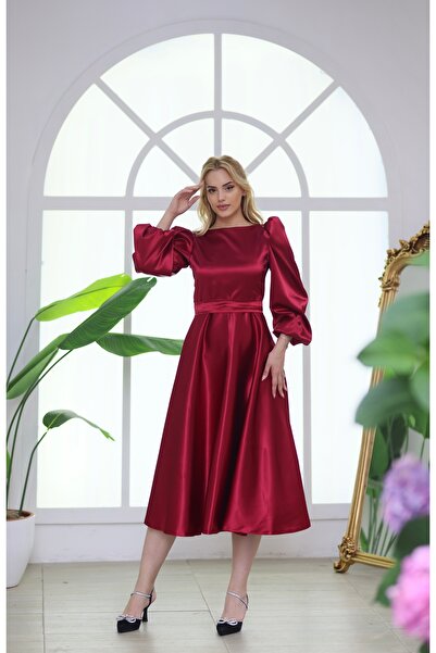 ASLIHANGÜNER Women's Burgundy Balloon Sleeve Boat Neck Satin Midi Iris Dress
