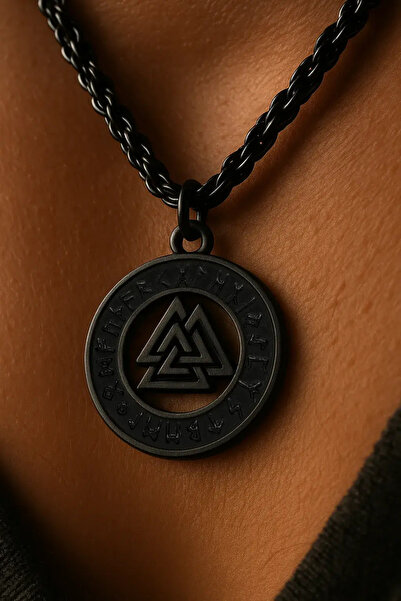 Apptakı Mat Siyah Valknut Viking Kolye Erkek Antik İskandinav Üçgen Sembollü ...