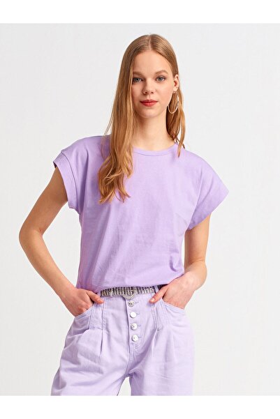 Dilvin 3504 100% βαμβακερό μπλουζάκι με λαιμόκοψη-λιλά