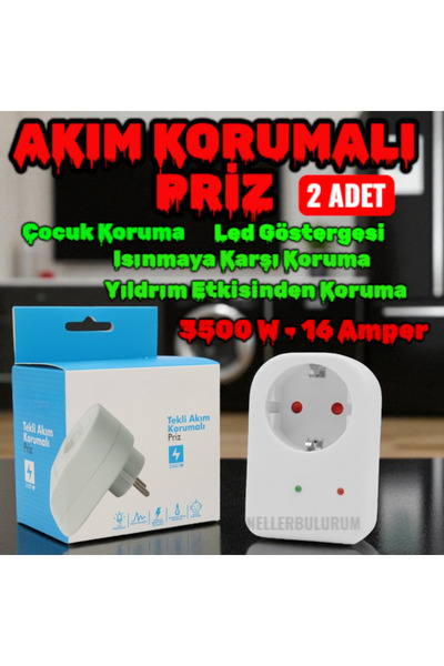 nelerbulurum 2 ADET TEKLİ AKIM KORUMALI VE ÇOCUK KORUMALI ISINMAYA KARŞI KORUNMA 16 AMPER-3500 WATT