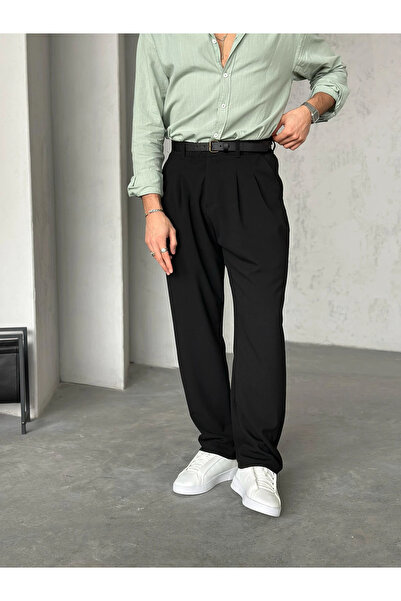 MENOFOURSWEAR Erkek Siyah Pileli Baggy Kumaş Pantolon