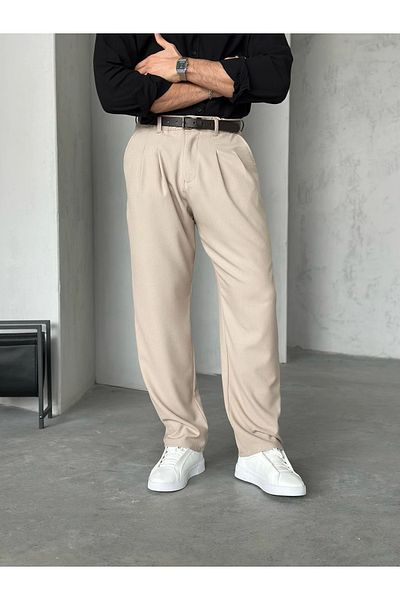 MENOFOURSWEAR Beige Pleated Baggy Fabric Trousers