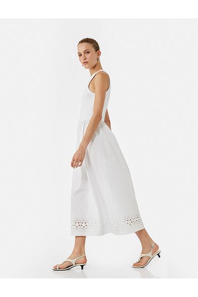 Koton X Melis Ağazat - Cotton Sleeveless Crew Neck Scalloped Midi Length Flared Dress