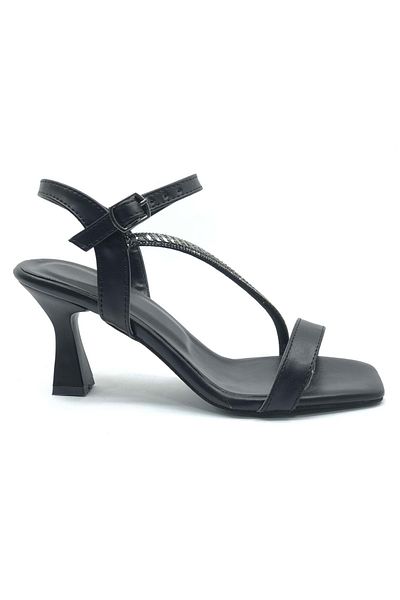 KOCAMANLAR Mehtap Stripe Stone Detailed Single Strap Women's Heeled Evening Dress Shoes Black