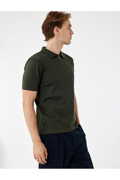 Koton Viscose Regular Fit Polo Neck Half Zipper Short Sleeve Knitwear T-Shirt