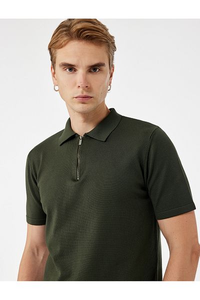 Koton Viscose Regular Fit Polo Neck Half Zipper Short Sleeve Knitwear T-Shirt