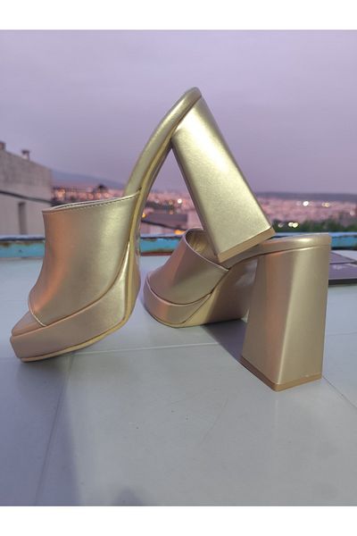ŞAWURO GOLD pantofi rochii de seara dama papuci cu platforma toc placat inaltime toc 11 cm
