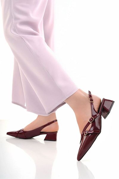 Zaza moda Cross Buckle Detailed Burgundy Patent Leather Women's Heeled Shoes