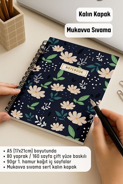 Eldesen Tasarım A5 Spiral Thick Cover Dotted Notepad, 80 Sheets 160 Pages, White Floral