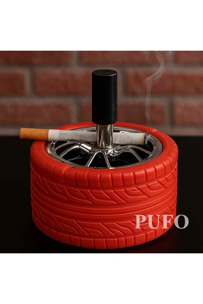 PUFO Angry Wheel metal ashtray, windproof with button, red/silver