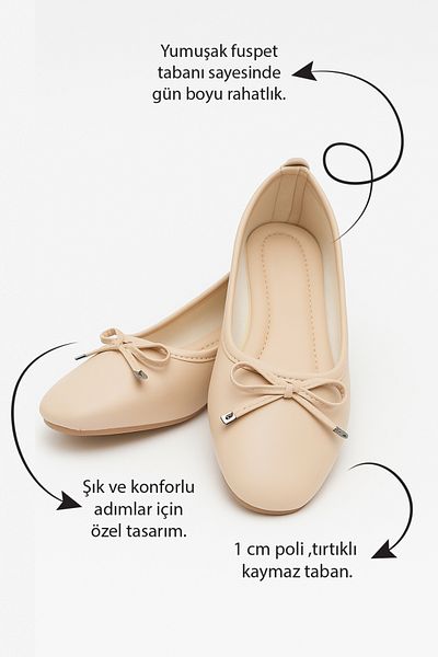 İmerShoes Pantofi de zi cu zi pentru femei, bej, balerină, cu vârf oval, cu fundă, cu model confortabil, cu talpă zimțată 112