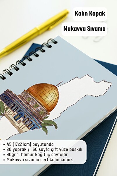Eldesen Tasarım A5 Spiral Thick Cover Dotted Notepad, 80 Sheets 160 Pages, Jerusalem