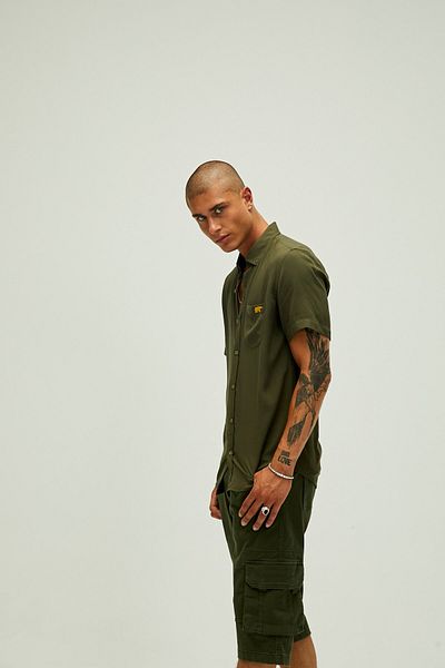 Bad Bear Frank Shirt - Khaki Green Short Sleeve Men's Shirt