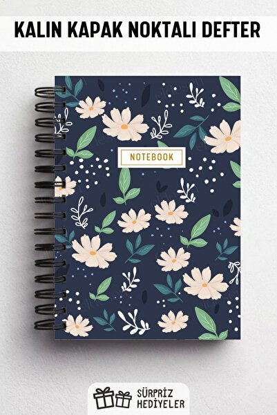 Eldesen Tasarım A5 Spiral Thick Cover Dotted Notepad, 80 Sheets 160 Pages, White Floral
