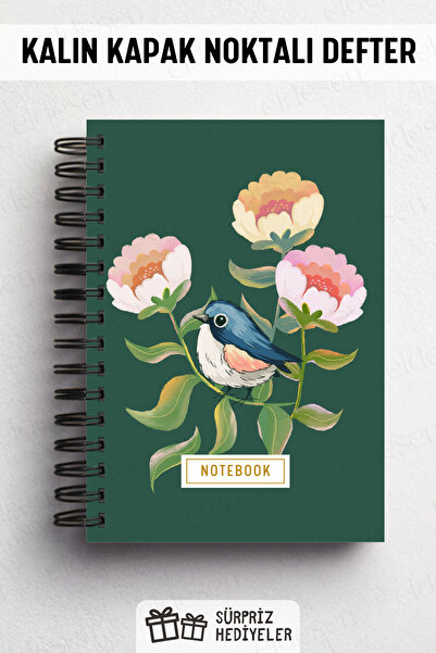 Eldesen Tasarım A5 Spiral Thick Cover Dotted Notepad, 80 Sheets 160 Pages, Green Bird