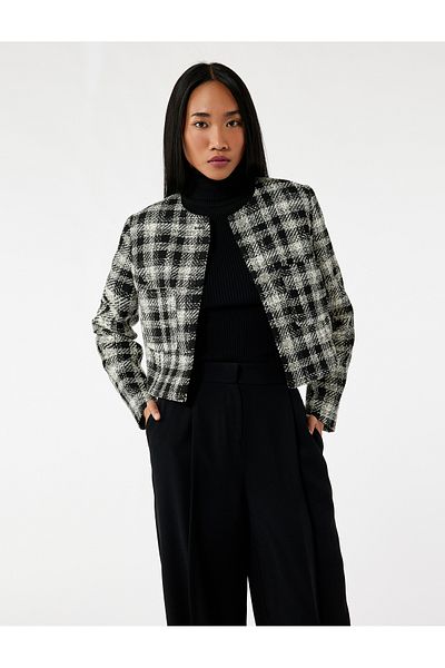 Koton Long Sleeve Crew Neck Plaid Tweed Jacket with Stoned Button Detail and Pockets