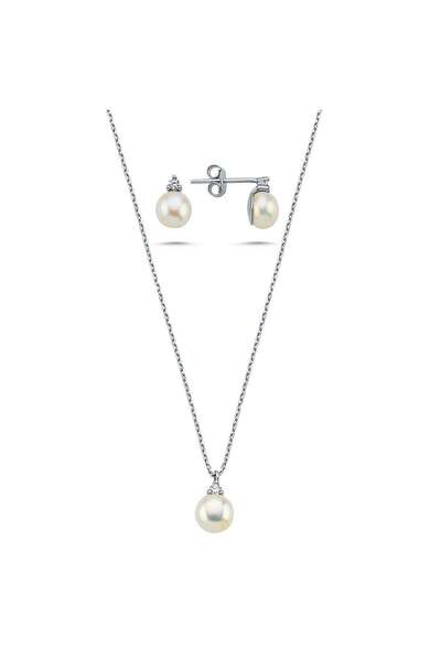 birinci 1926 14 Ayar Altın 8 mm Doğal İnci 0,12 Ct Pırlantalı Küpe Kolye İkil...