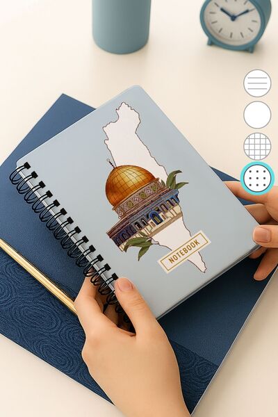 Eldesen Tasarım A5 Spiral Thick Cover Dotted Notepad, 80 Sheets 160 Pages, Jerusalem