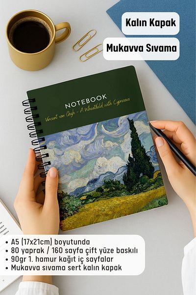 Eldesen Tasarım Van Gogh Thick Cover Dotted Notebook, A5 Size 80 Sheets 160 Pages, Dotted Notebook