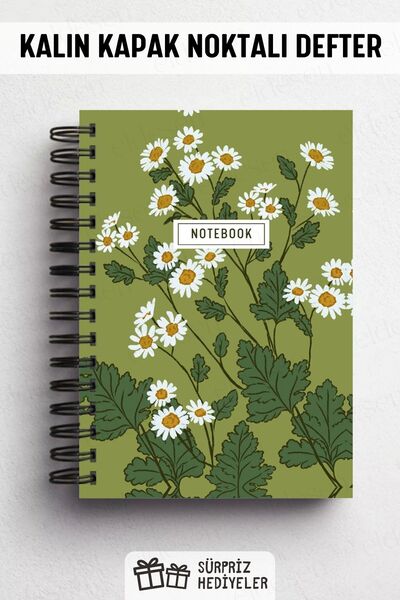 Eldesen Tasarım A5 Spiral Thick Cover Dotted Notepad, 80 Sheets 160 Pages, Green Daisy