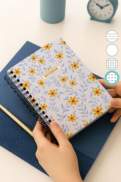 Eldesen Tasarım A5 Spiral Thick Cover Dotted Notepad, 80 Sheets 160 Pages, Daisy