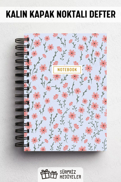 Eldesen Tasarım A5 Spiral Thick Cover Dotted Notepad, 80 Sheets 160 Pages, Blue Floral