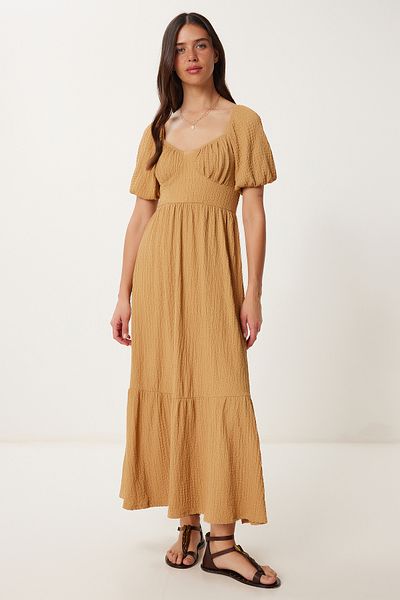 Lovelyİstanbul Heart Collar Textured Summer Knitted Dress Biscuit Lub0010