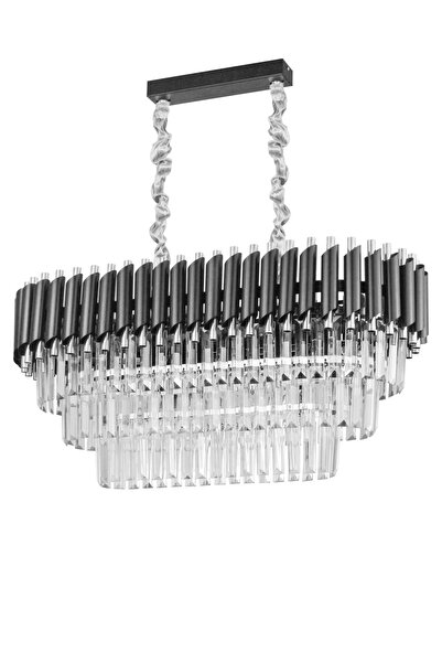 Avizemoda Palmira 75x35 Cm Kristal Taşlı Lüks 3 Katlı Yemek Masası Üstü Avize 6'lı - (siyah-krom)