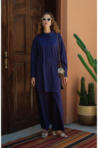 Fatma Atasoy Wide Leg Navy Blue Cotton Trousers