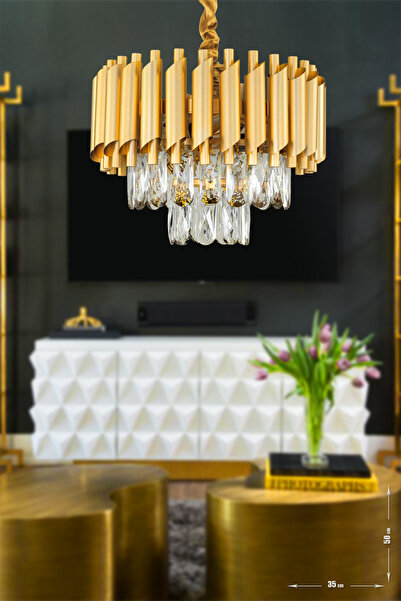 Avizemoda Palmira 35'lik Prizma Kesim Kristal Taşlı Lüks Avize - ( Sarı -yaldız )