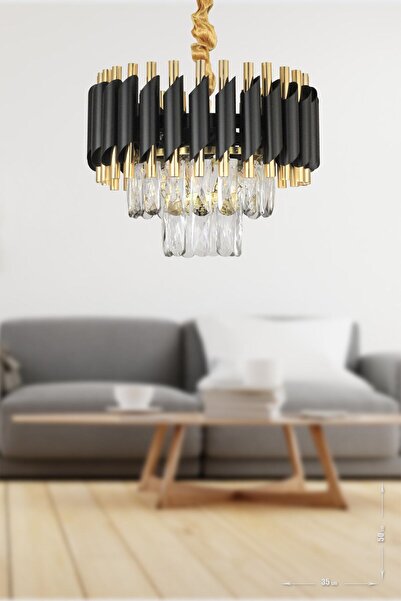 Avizemoda Palmira 35'lik Prizma Kesim Kristal Taşlı Lüks Avize - ( Siyah - Go...