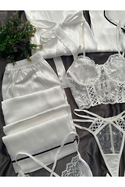 Lena Homewears Cutie din satin ecru, 8 piese, pijama gigant, cămașă de noapte, lenjerie de corp, set de zestre de mireasă