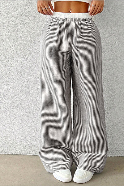 The Champ Clothing Women's Beige Striped Poplin Woven Trousers – High Waist Elastic Wide Leg Comfortable Model