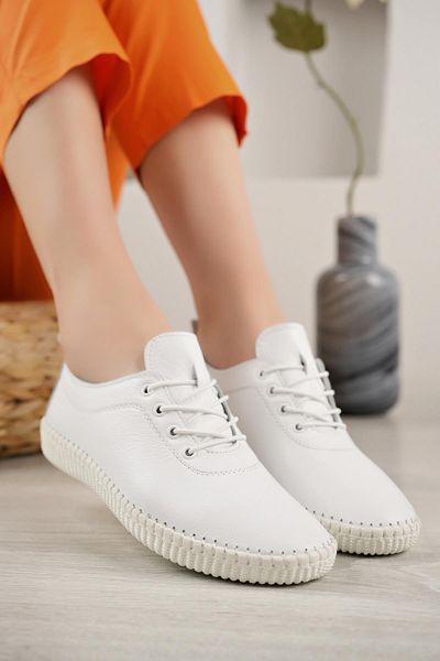 BORDOLLI 004 White Genuine Leather Stitched Women's Shoes