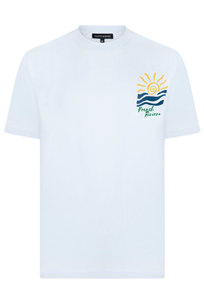 Basics&More Tricou albastru din bumbac cu imprimeu pentru bărbați - Riviera F...