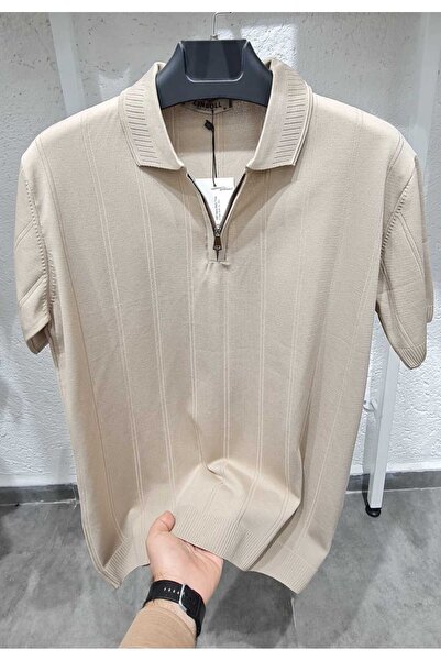 ZENGOLL & RAMİRES Men's Beige Zippered Polo Neck Knitwear T-Shirt
