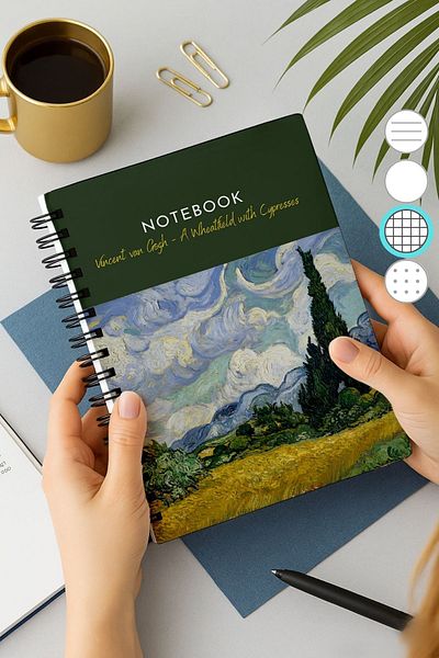 Eldesen Tasarım A5 Spiral Thick Cover Checkered Notepad, 80 Sheets 160 Pages, Wheat Field