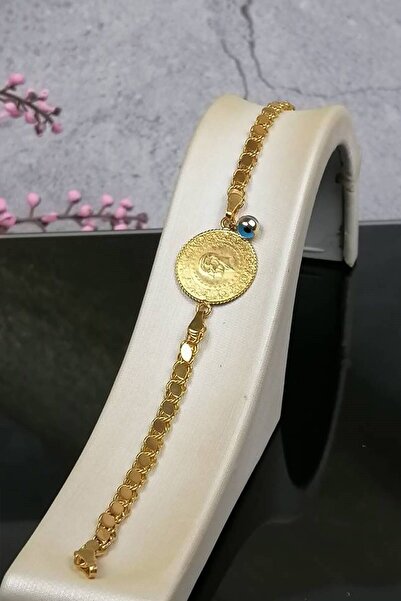 İdeal Sarraf 22 Ayar Çeyrek Altınlı Pul Zincir Kulp Nazarlıklı Bileklik