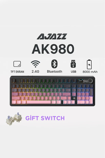 Ajazz AK980 3 Modlu Hot-Swap TFT Ekranlı Mekanik Oyun Klavyesi-8.000 Mah Batarya Dinamik RGB