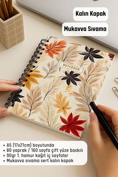 Eldesen Tasarım A5 Spiral Thick Cover Checkered Notepad, 80 Sheets 160 Pages, Autumn Leaves