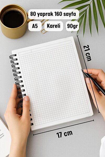 Eldesen Tasarım A5 Spiral Thick Cover Checkered Notepad, 80 Sheets 160 Pages, Wheat Field