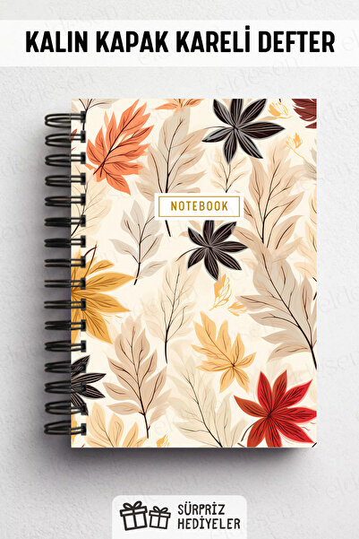 Eldesen Tasarım A5 Spiral Thick Cover Checkered Notepad, 80 Sheets 160 Pages, Autumn Leaves