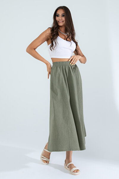 Suzella Women's Khaki 100% Cotton Linen Skirt with Pockets