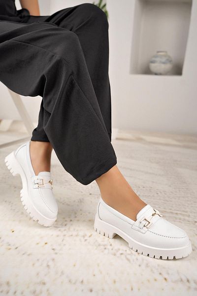 Nesil Shoes Diva 2854 White Genuine Leather Buckle Women's Shoes