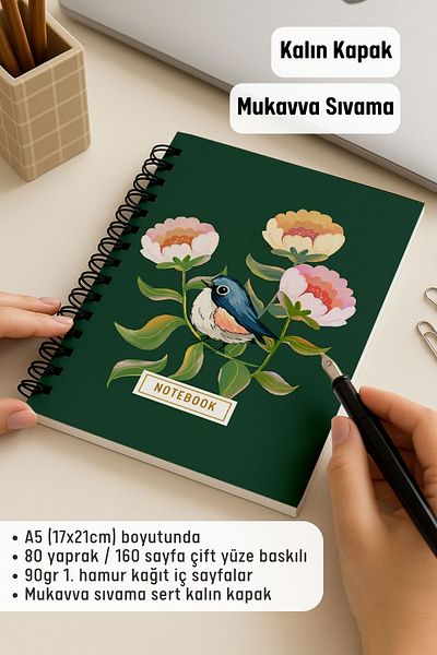 Eldesen Tasarım A5 Spiral Thick Cover Checkered Notepad, 80 Sheets 160 Pages, Green Bird