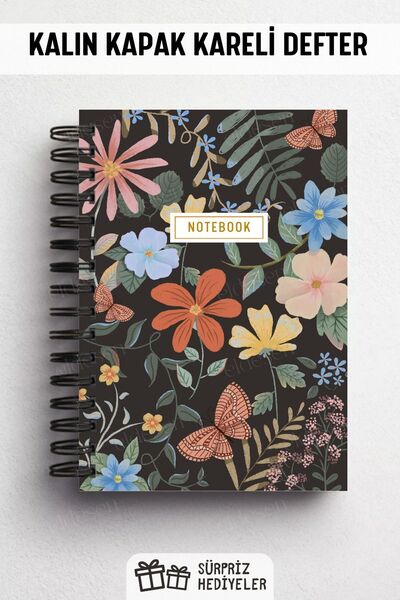 Eldesen Tasarım A5 Spiral Thick Cover Checkered Notepad, 80 Sheets 160 Pages, Butterfly