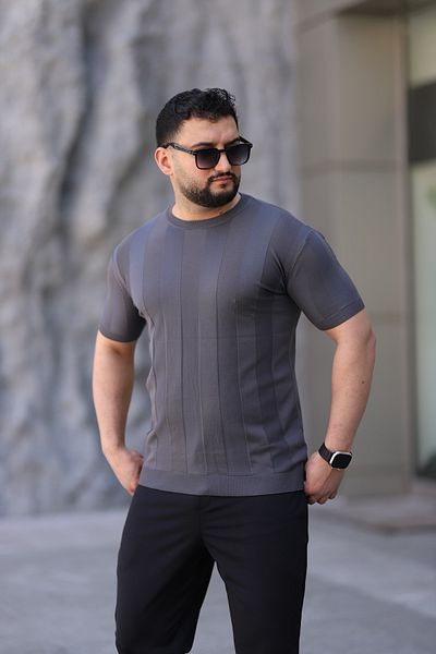 ZENGOLL & RAMİRES Men's Gray Soft Textured Crew Neck Knitwear T-Shirt